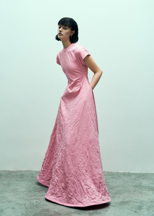 Crinkled texture fabric floor-length dress